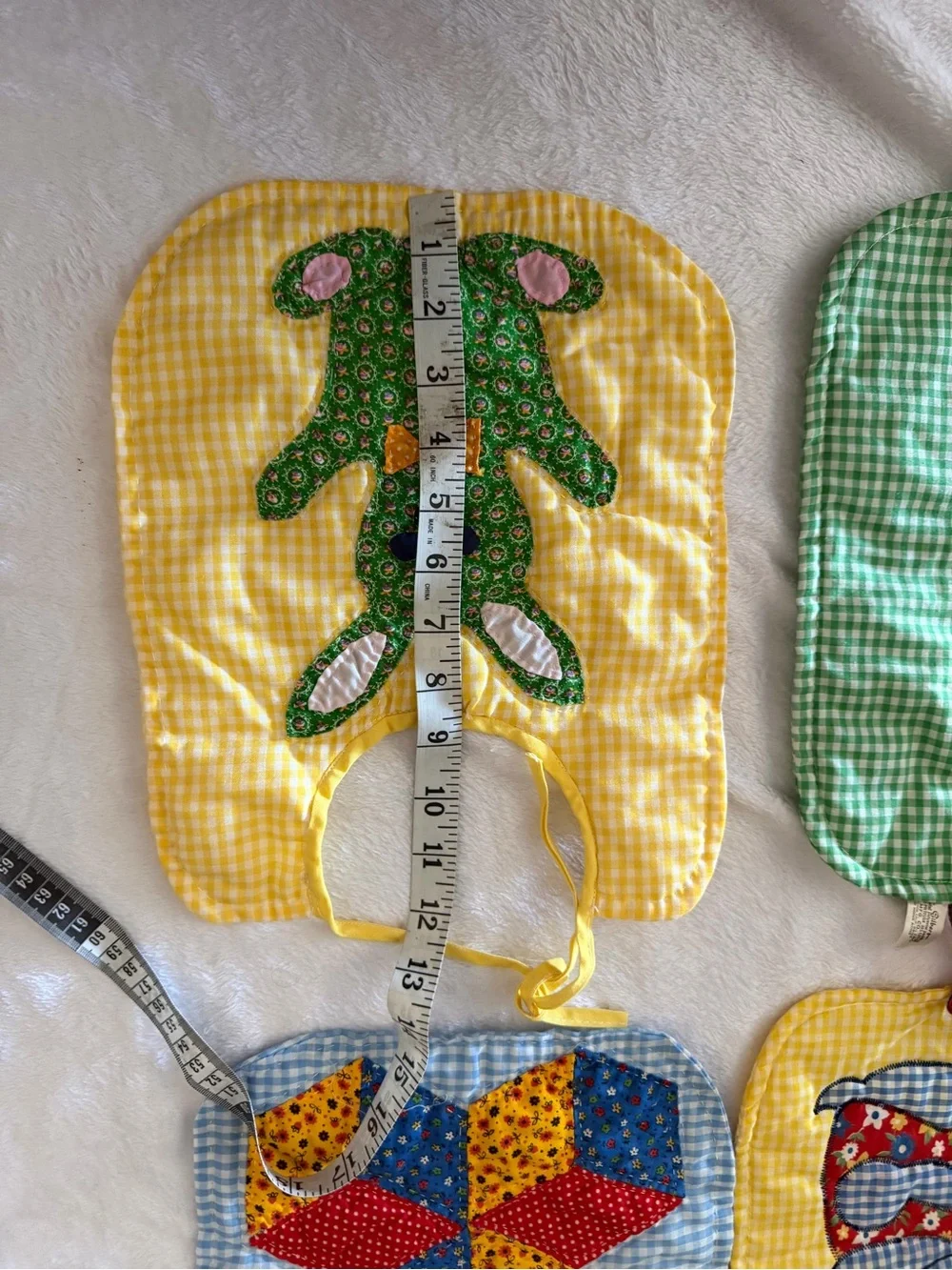 Vintage baby Yellow, Blue, Green Gingham Applique Bib Set